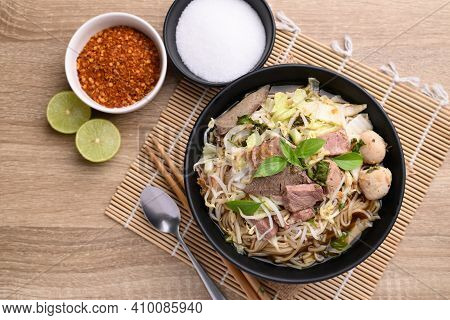 Rice Noodle Soup With Pork, Pork Ball And Vegetables In A Bowl, Thai Noodles Soup