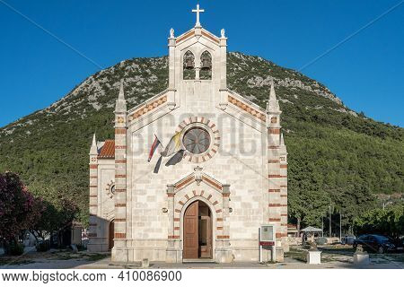 Ston, Croatia - Aug 19, 2020: Front Facade Of St. Blaise Church Before Sunset In Old Town