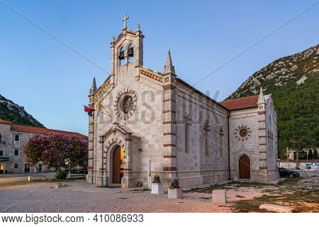 Ston, Croatia - Aug 19, 2020: Front Facade Of St. Blaise Church After Sunset In Old Town