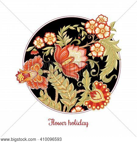 Fantasy Flowers In Retro, Vintage, Jacobean Embroidery Style. Template For Wedding Invitation, Greet