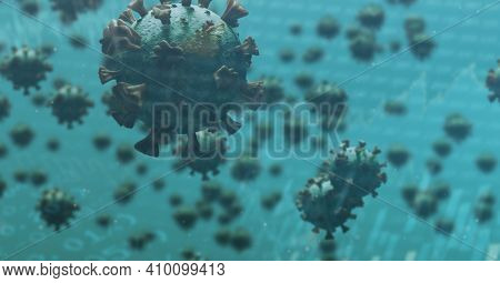 Digital illustration of macro Covid-19 cells floating, stock market statistics over a 3D human body model wearing a face mask. Coronavirus Covid-19 pandemic concept digitally generated