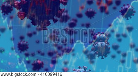 Digital illustration of macro Covid-19 cells floating, stock market statistics over a 3D human body model wearing a face mask. Coronavirus Covid-19 pandemic concept digitally generated