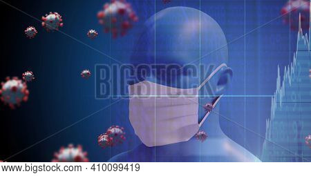 Digital illustration of macro Covid-19 cells floating, stock market statistics over a 3D human body model wearing a face mask. Coronavirus Covid-19 pandemic concept digitally generated