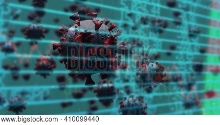 Digital illustration of macro Covid-19 cells floating, stock market statistics over a 3D human body model wearing a face mask. Coronavirus Covid-19 pandemic concept digitally generated