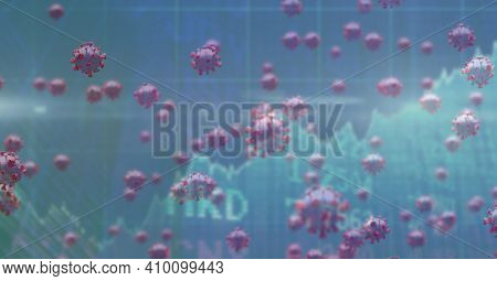 Digital illustration of macro Covid-19 cells floating, stock market statistics over a 3D human body model wearing a face mask. Coronavirus Covid-19 pandemic concept digitally generated