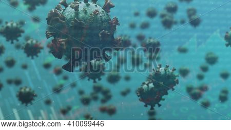 Digital illustration of macro Covid-19 cells floating, stock market statistics over a 3D human body model wearing a face mask. Coronavirus Covid-19 pandemic concept digitally generated