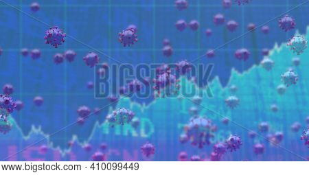 Digital illustration of macro Covid-19 cells floating, stock market statistics over a 3D human body model wearing a face mask. Coronavirus Covid-19 pandemic concept digitally generated