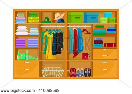 Inner Space Of Closet Or Wardrobe Isolated On White Background. Clothes Or Apparel Hanging On Hanger