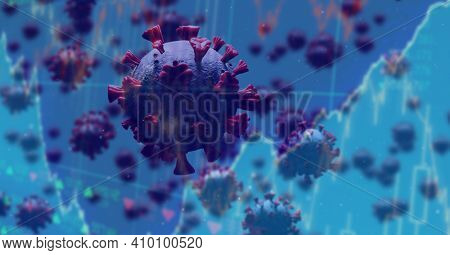 Digital illustration of macro Covid-19 cells floating, stock market statistics over a 3D human body model wearing a face mask. Coronavirus Covid-19 pandemic concept digitally generated