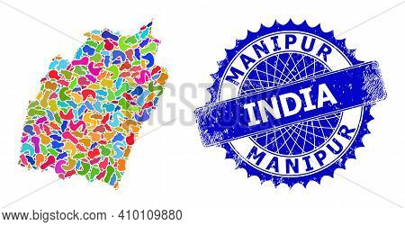 Manipur State Map Template. Spot Mosaic And Rubber Stamp Seal For Manipur State Map. Sharp Rosette B