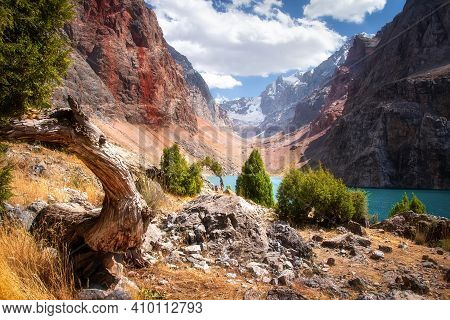 Beautiful Mountain Landscape In Fann Mountains, Tajikistan. Amazing View On Blue Water Of Mountain L