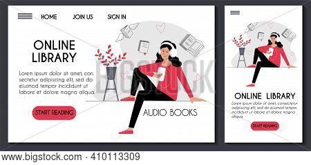 Website And Mobile Application Template For Online Library. Young Woman In Headphones Listening To A