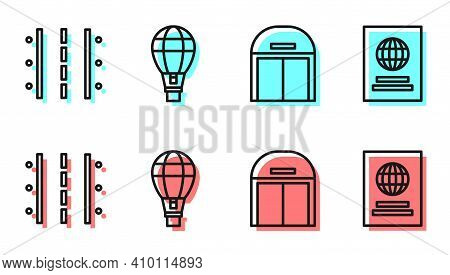 Set Line Aircraft Hangar, Airport Runway, Hot Air Balloon And Passport Icon. Vector