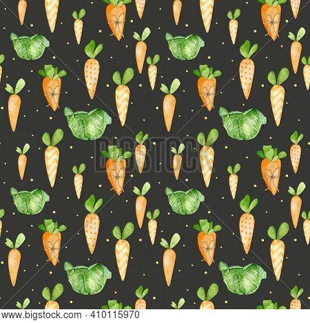 Watercolor Pattern Of Cartoon Style Orange Carrot And Cabbage. Happy Easter Hand-painted Background.