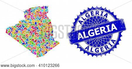 Algeria Map Vector Image. Blot Pattern And Distress Seal For Algeria Map. Sharp Rosette Blue Stamp S