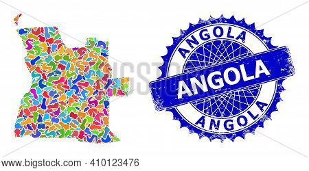 Angola Map Vector Image. Blot Collage And Distress Stamp Seal For Angola Map. Sharp Rosette Blue Sea
