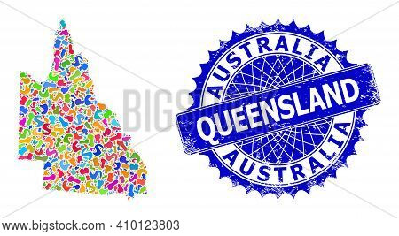 Australian Queensland Map Abstraction. Blot Mosaic And Rubber Seal For Australian Queensland Map. Sh