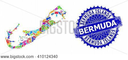 Bermuda Islands Map Vector Image. Spot Collage And Scratched Seal For Bermuda Islands Map. Sharp Ros