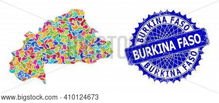 Burkina Faso Map Vector Image. Splash Mosaic And Rubber Seal For Burkina Faso Map. Sharp Rosette Blu