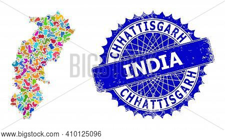 Chhattisgarh State Map Flat Illustration. Spot Collage And Distress Seal For Chhattisgarh State Map.