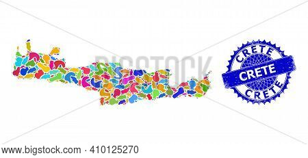 Crete Map Flat Illustration. Spot Mosaic And Distress Badge For Crete Map. Sharp Rosette Blue Stamp 