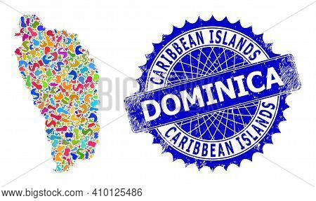 Dominica Island Map Vector Image. Spot Collage And Grunge Stamp Seal For Dominica Island Map. Sharp 