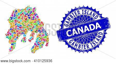 Gambier Island Map Vector Image. Spot Pattern And Scratched Stamp Seal For Gambier Island Map. Sharp