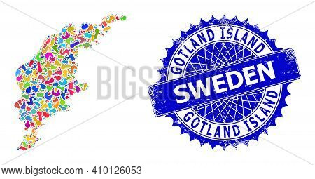 Gotland Island Map Vector Image. Spot Mosaic And Distress Stamp For Gotland Island Map. Sharp Rosett