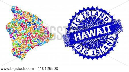 Hawaii Big Island Map Vector Image. Spot Mosaic And Scratched Mark For Hawaii Big Island Map. Sharp 