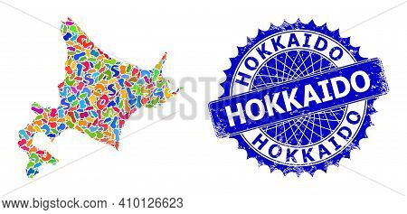 Hokkaido Map Vector Image. Blot Collage And Corroded Stamp Seal For Hokkaido Map. Sharp Rosette Blue