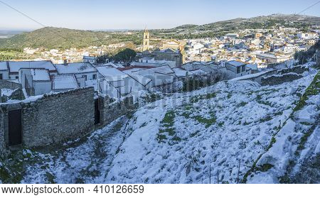 Snow-covered Montanchez Town Overview. Caceres, Extremadura, Spain