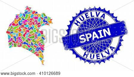 Huelva Province Map Vector Image. Blot Collage And Corroded Stamp For Huelva Province Map. Sharp Ros
