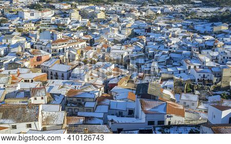 Snow-covered Montanchez Town Overview. Caceres, Extremadura, Spain