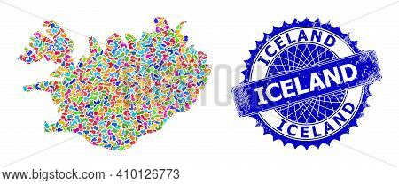 Iceland Map Vector Image. Blot Collage And Unclean Stamp For Iceland Map. Sharp Rosette Blue Stamp S