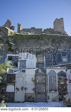 Montanchez, Spain - Jan 11th, 2021: Snow-covered Montanchez Cemetery. Awarded With The Prize For Spa