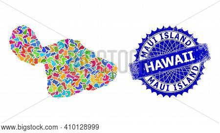 Maui Island Map Vector Image. Splash Pattern And Corroded Stamp Seal For Maui Island Map. Sharp Rose