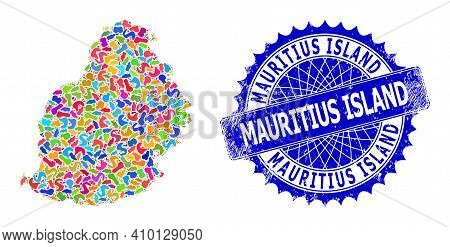 Mauritius Island Map Vector Image. Blot Mosaic And Rubber Badge For Mauritius Island Map. Sharp Rose