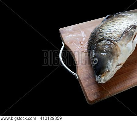 Defrosting Carp Fish On Wooden Cutting Board Isolated On Black Background.