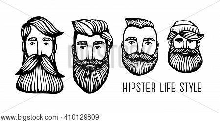 Set Hipster Heads With Beards. Hand-drawn Doodle. Vector Illustration - Stock Vector. Hand Drawn Car
