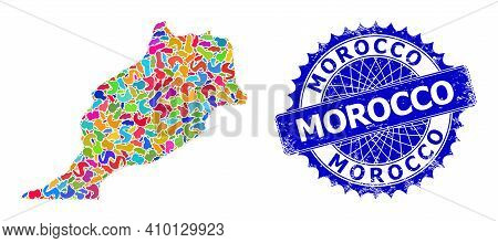 Morocco Map Vector Image. Spot Mosaic And Corroded Badge For Morocco Map. Sharp Rosette Blue Seal Wi