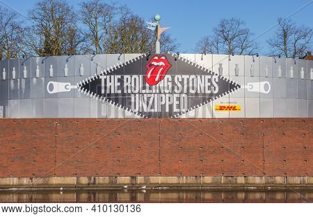 Groningen, Netherlands - February 13, 2021: Ad For The Rolling Stones Unzipped Exhibition In The Mus