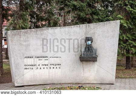 Pancevo, Serbia - January 23, 2021: Statue Of Jovan Pavlovic, Founder Of Pancevac Newspaper, Covered