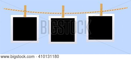 Square Black Blank Photo Set Mockup Hungled On String. Realistic Empty Template For Collage With Clo