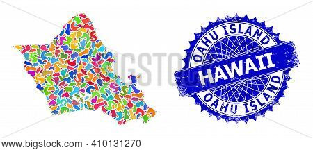 Oahu Island Map Vector Image. Splash Collage And Corroded Mark For Oahu Island Map. Sharp Rosette Bl