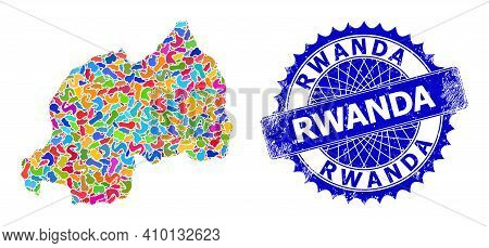 Rwanda Map Vector Image. Blot Collage And Distress Stamp For Rwanda Map. Sharp Rosette Blue Stamp Se