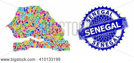 Senegal Map Template. Splash Collage And Scratched Stamp Seal For Senegal Map. Sharp Rosette Blue St