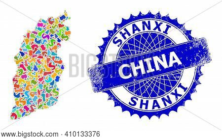 Shanxi Province Map Template. Splash Collage And Scratched Stamp Seal For Shanxi Province Map. Sharp