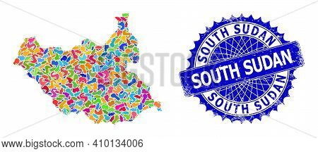 South Sudan Map Vector Image. Spot Collage And Rubber Seal For South Sudan Map. Sharp Rosette Blue S