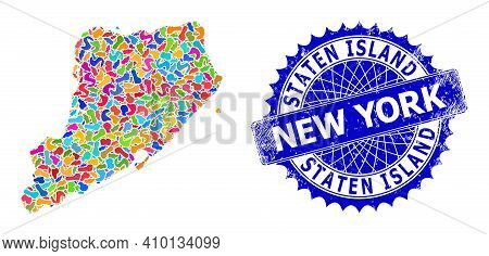 Staten Island Map Abstraction. Spot Collage And Grunge Stamp For Staten Island Map. Sharp Rosette Bl