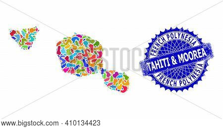 Tahiti And Moorea Islands Map Vector Image. Spot Collage And Scratched Mark For Tahiti And Moorea Is